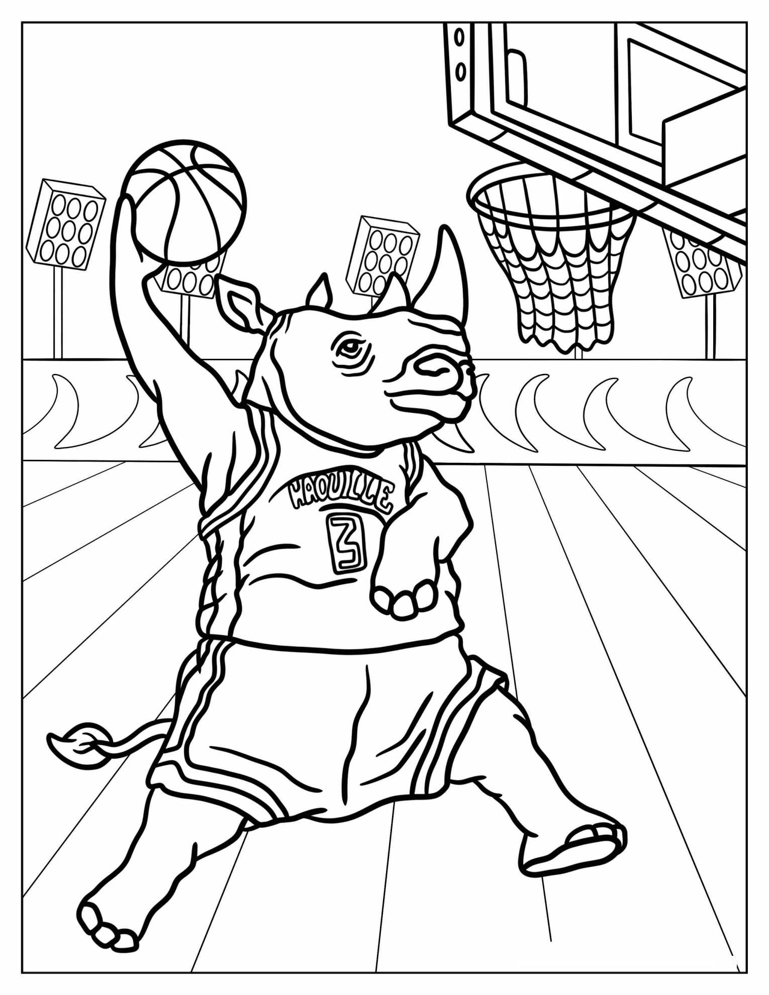 Athletic Rhino Playing Basketball Coloring Sheet for Kids