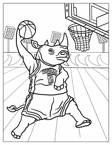 Athletic Rhino Playing Basketball Coloring Sheet for Kids