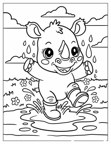 Rhino in Rain Boots Playing in a Puddle