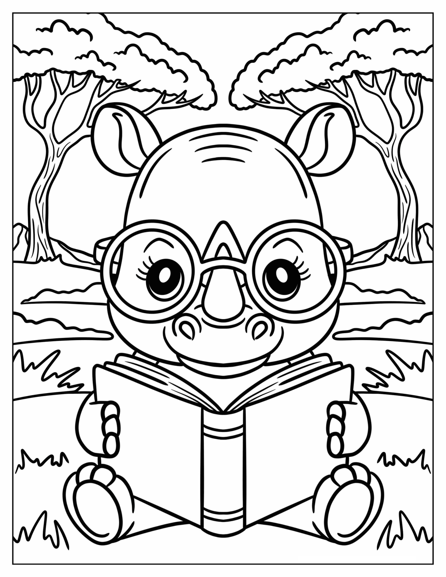 Nerdy Rhino with Glasses Reading a Book