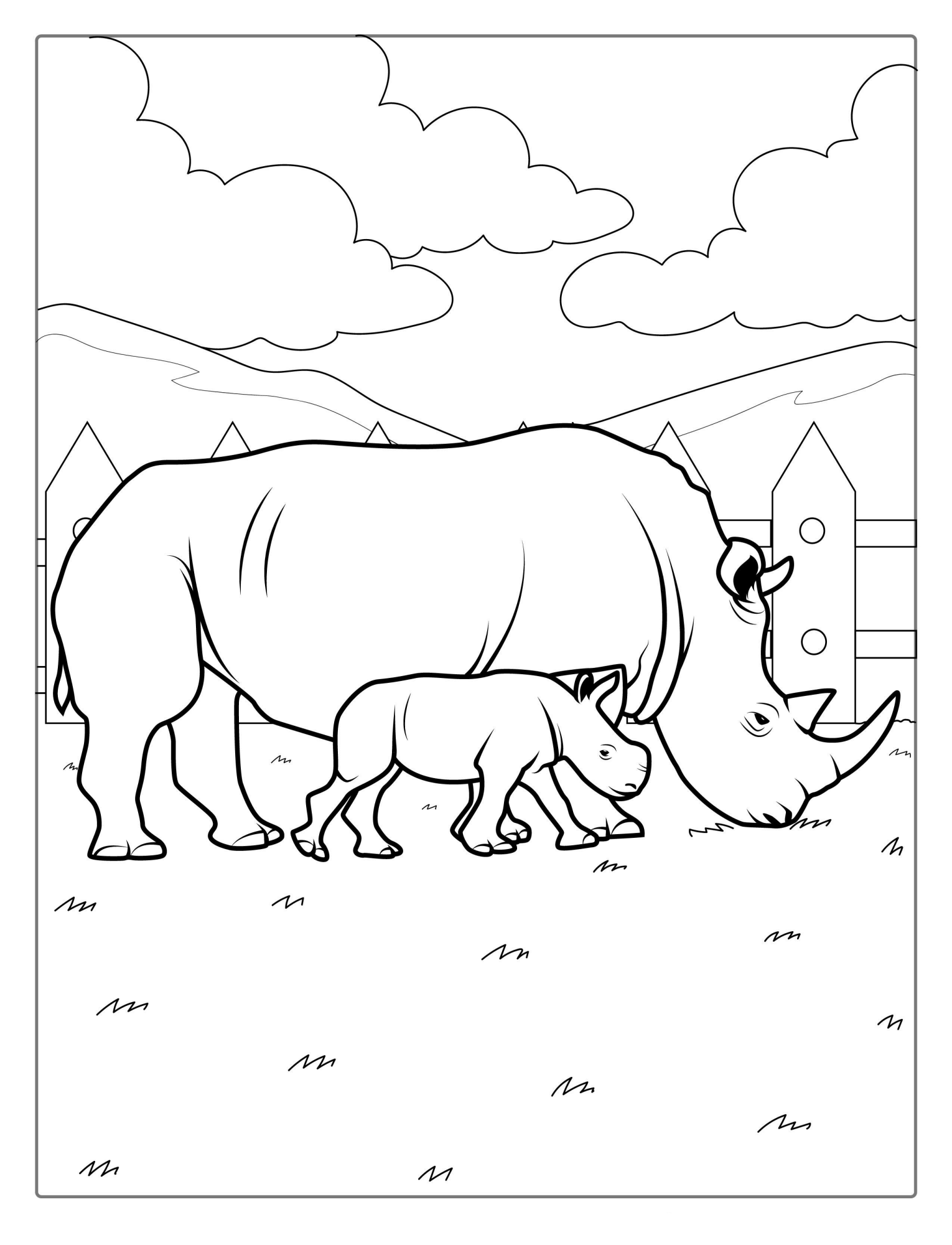 Coloring Page Of New Born Rhino And Mother