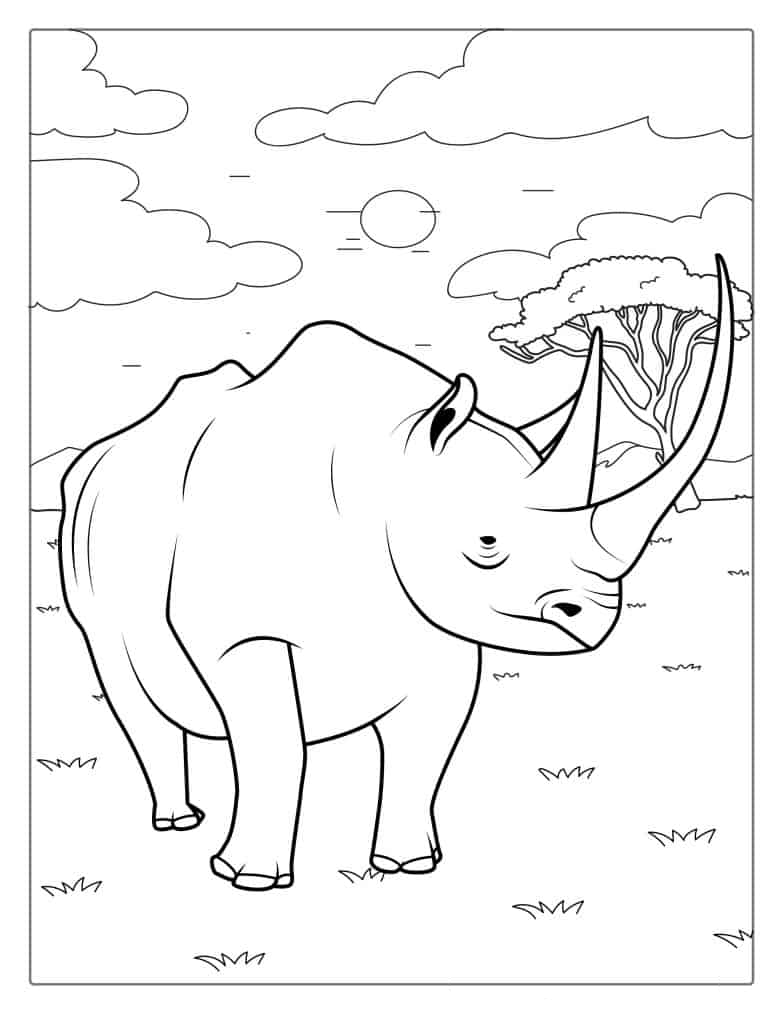 Detailed Black Rhino With Pointy Horns To Color