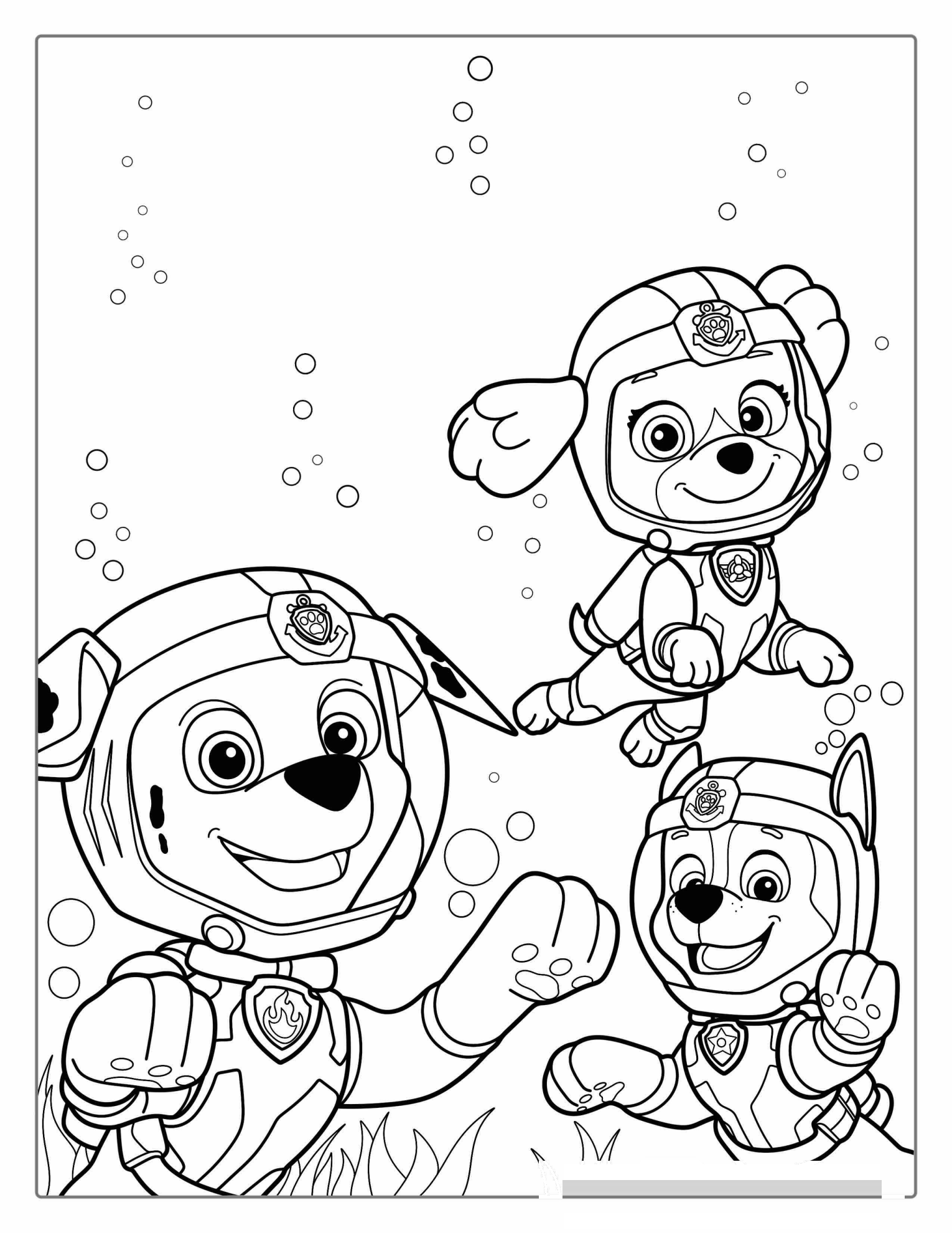 Paw Patrol Dogs Scuba Diving Coloring Page