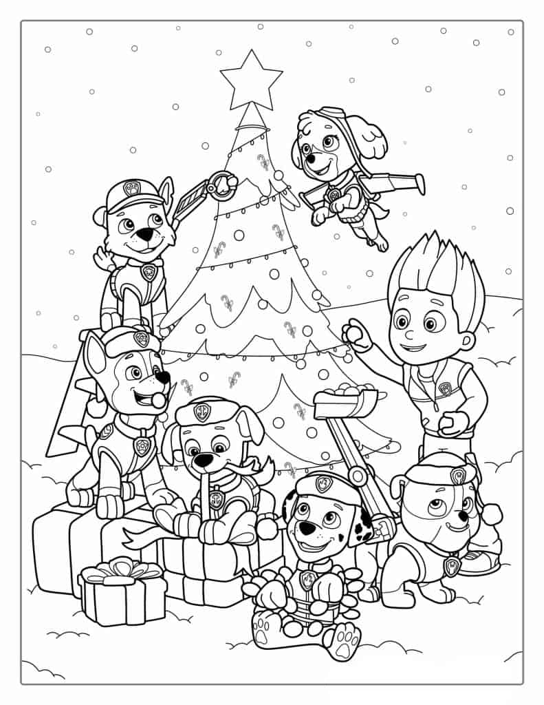 Paw Patrol Dog Around Christmas Tree To Color