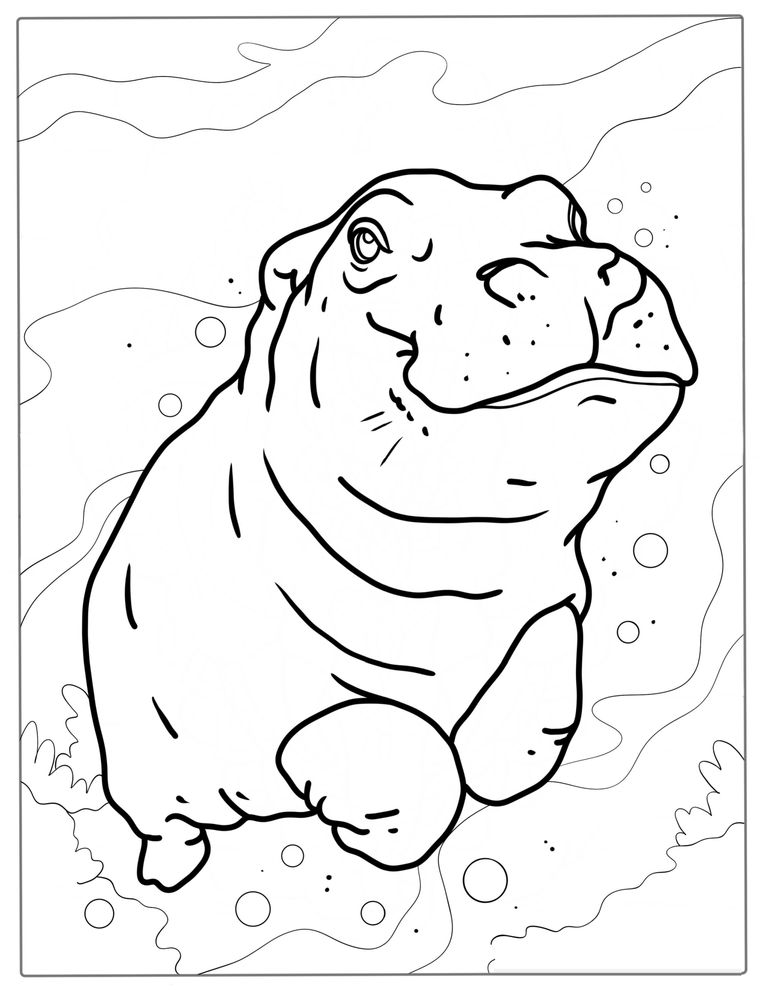 Coloring Page Of a Baby Hippo Swimming Underwater