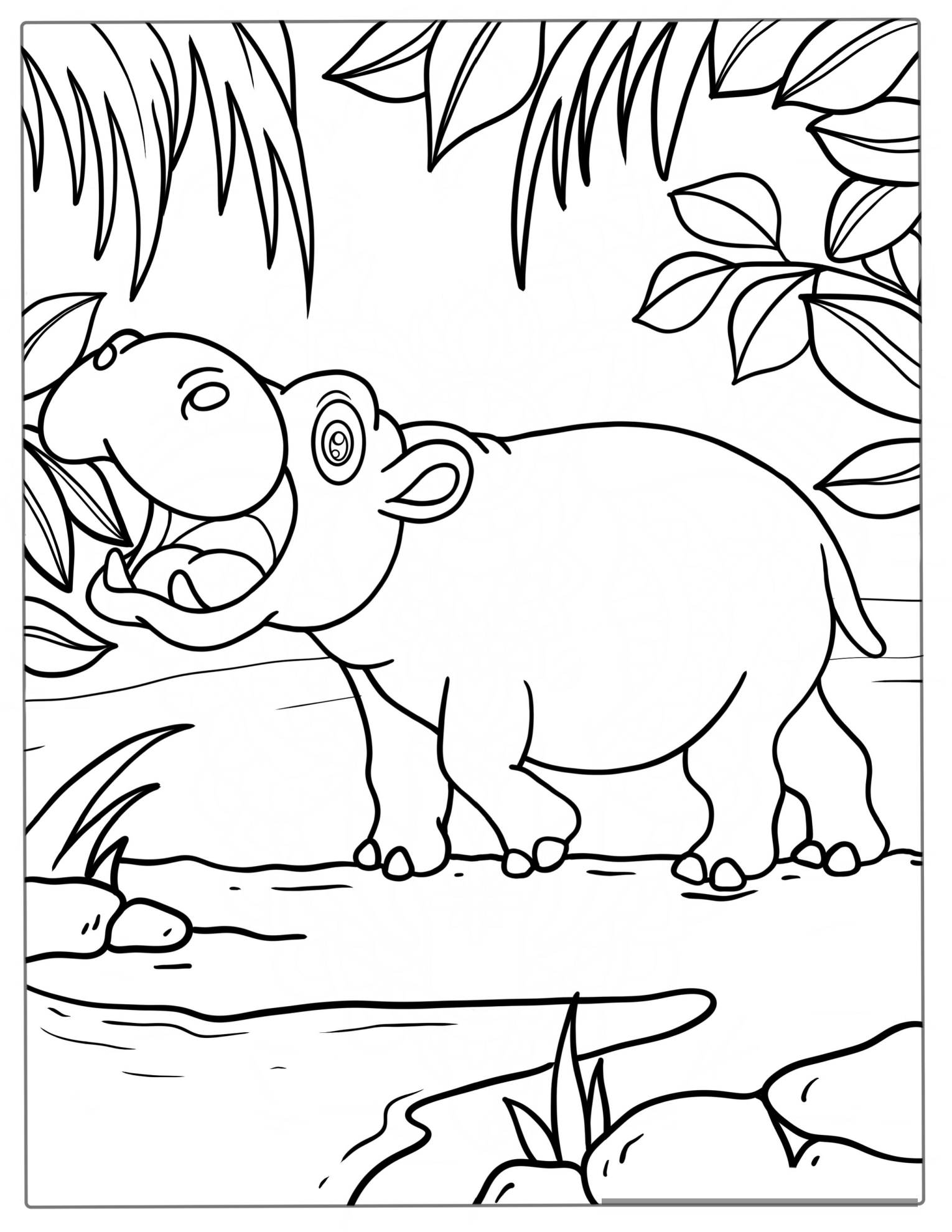 Baby Hippo In The Jungle To Color