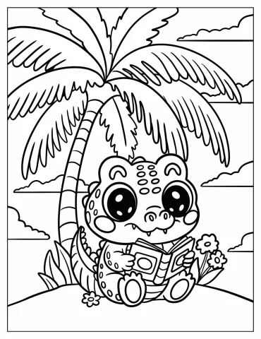 Nerdy Crocodile Reading under a Palm Tree Coloring Page for Kids