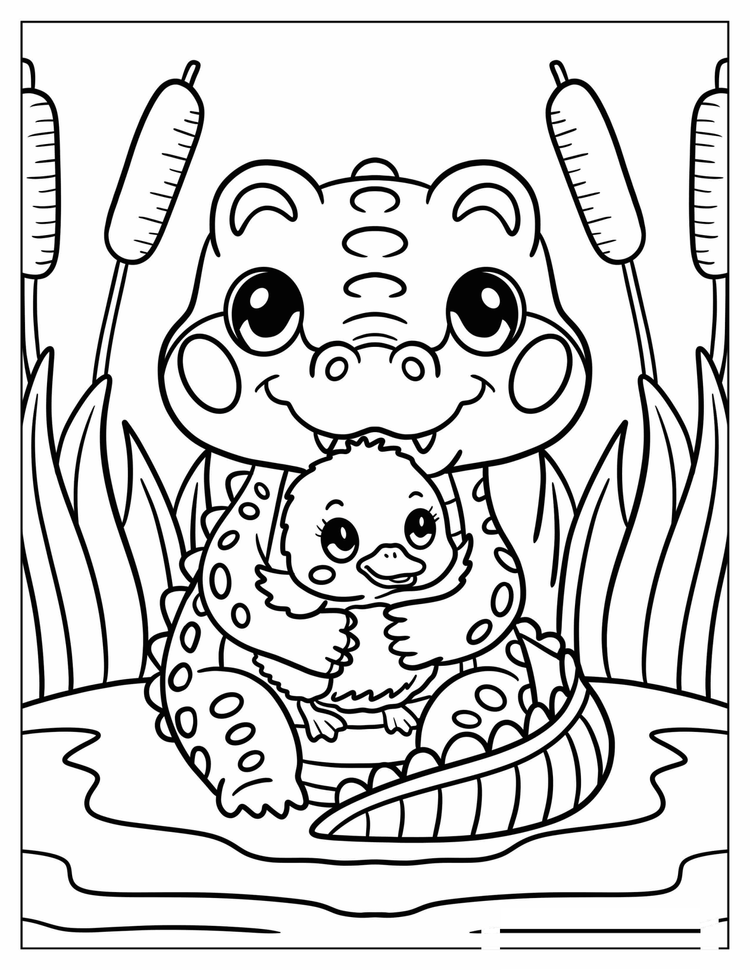 Cartoon Crocodile Hugging a Chick Coloring Sheet