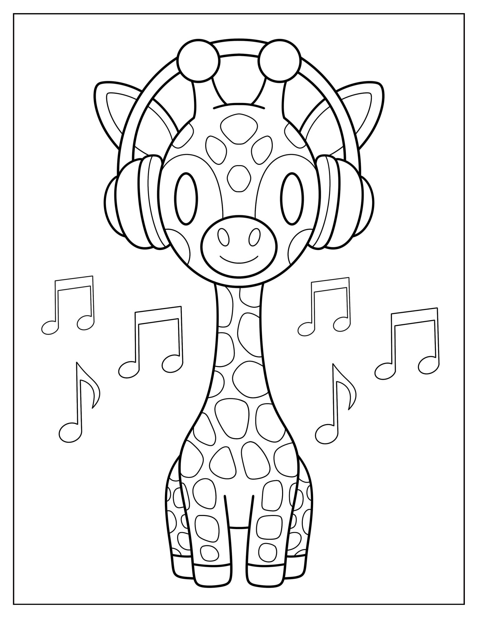 Simple Giraffe With Headphones And Musical Notes Coloring Sheet for Preschoolers