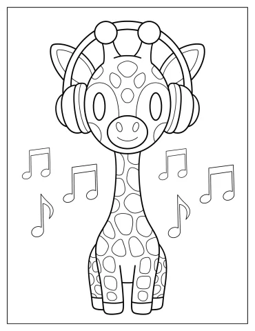 Simple Giraffe With Headphones And Musical Notes Coloring Sheet for Preschoolers