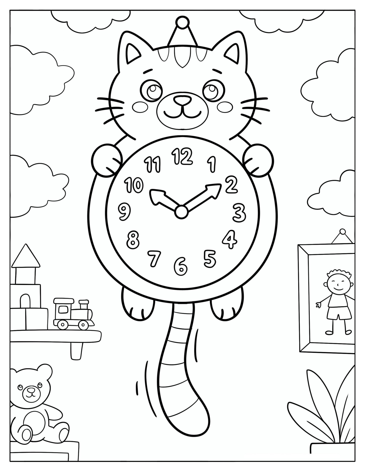 Cat Shaped Wall Clock with a Swinging Tail Coloring Sheet