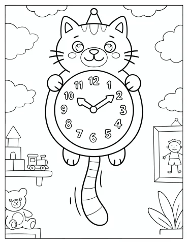 Cat Shaped Wall Clock with a Swinging Tail Coloring Sheet