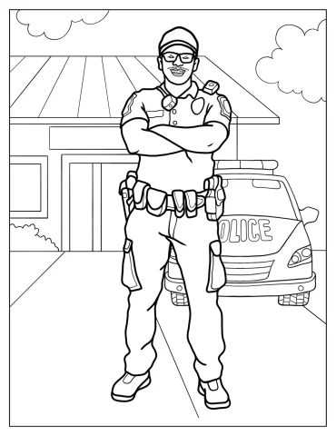 Police Officer In Front Of Police Station To Color