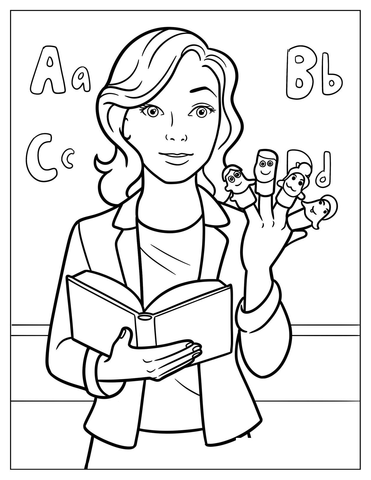 Teacher With Finger Puppets Coloring Sheet