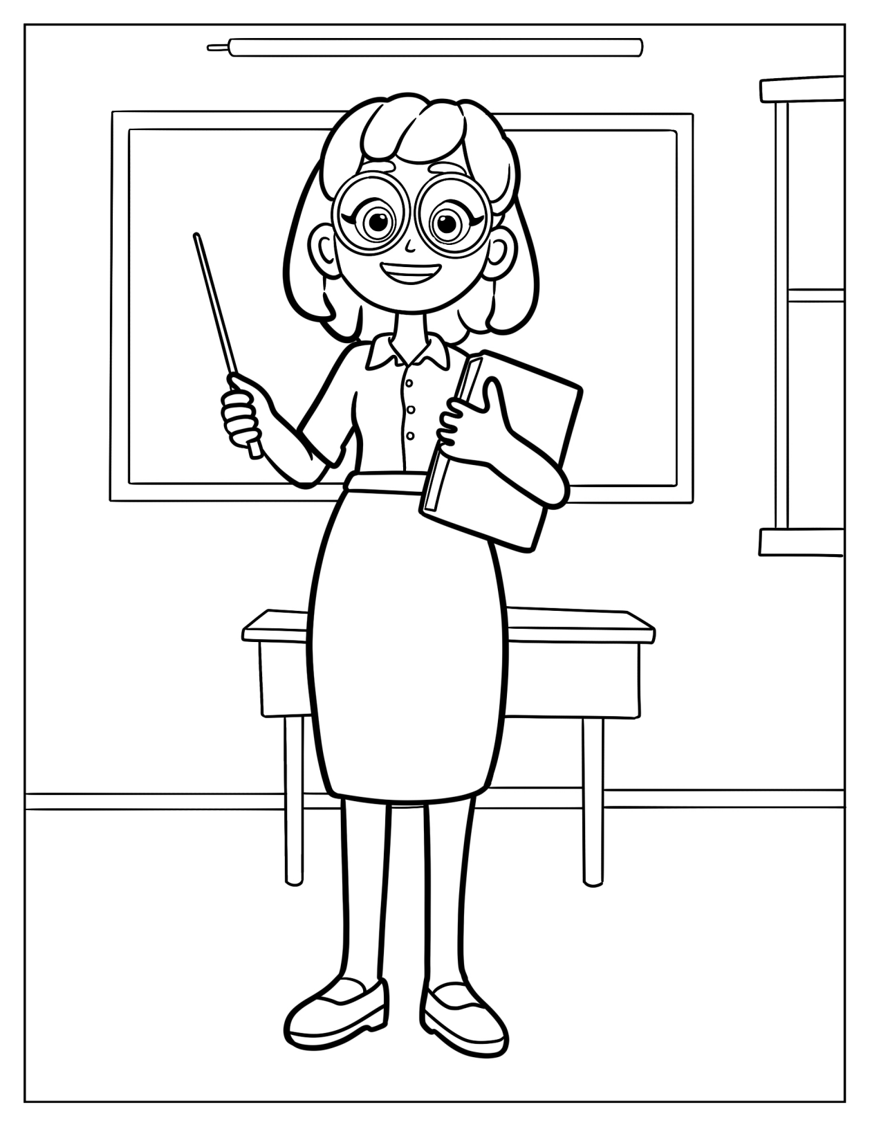 Teacher In A Skirt And Glasses In A Classroom Coloring Page