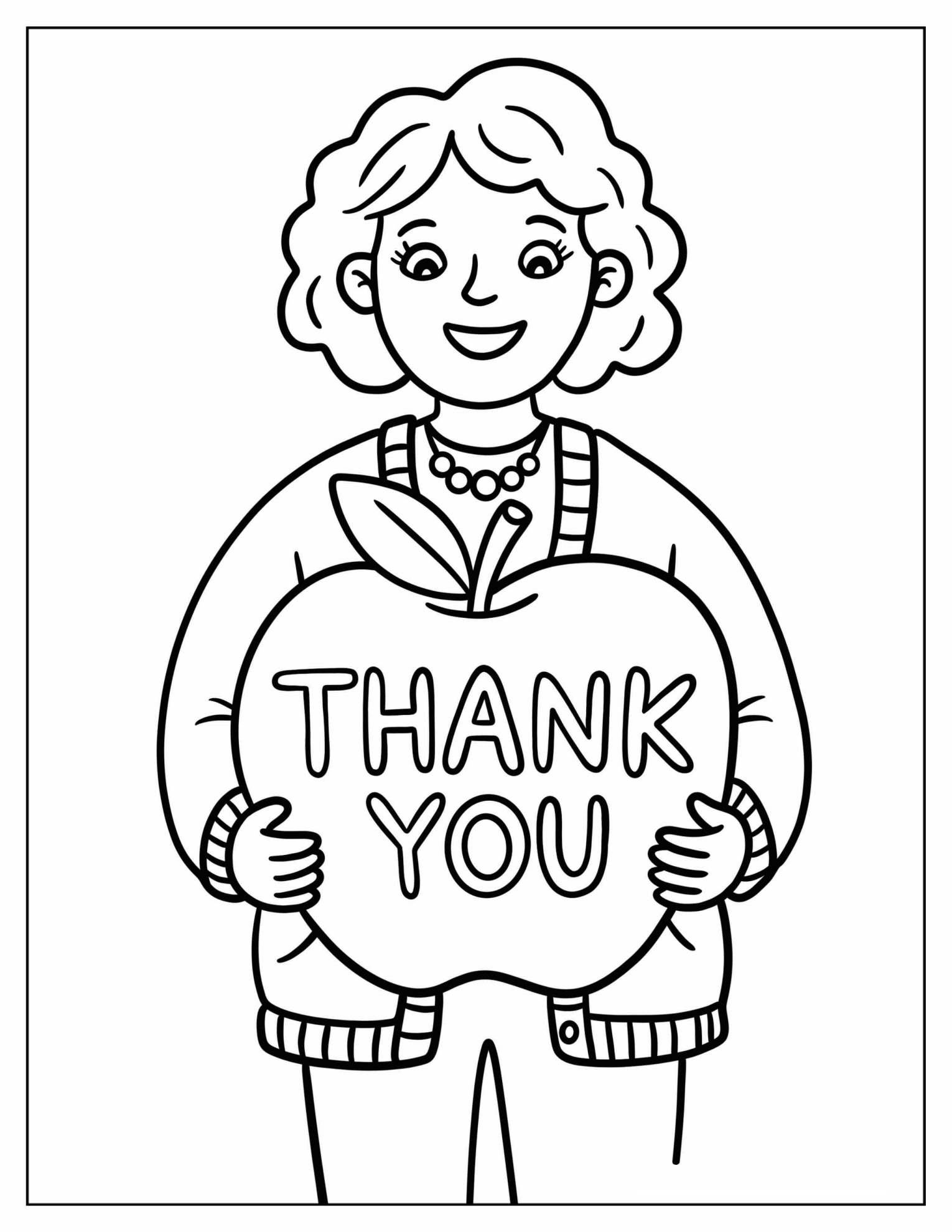 Happy Teacher Holding a Giant Apple with Thank You Coloring Sheet for Kids