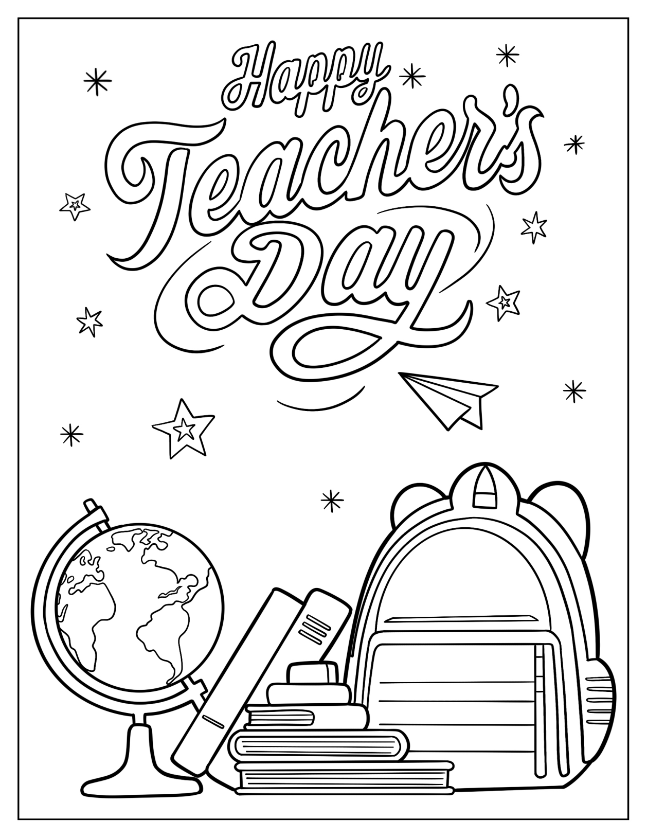 Happy Teacher’s Day Words With School Materials Coloring Page