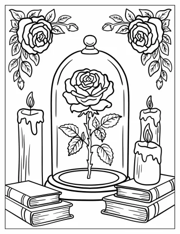 Rose in a Glass Dome Surrounded by Candles and Books