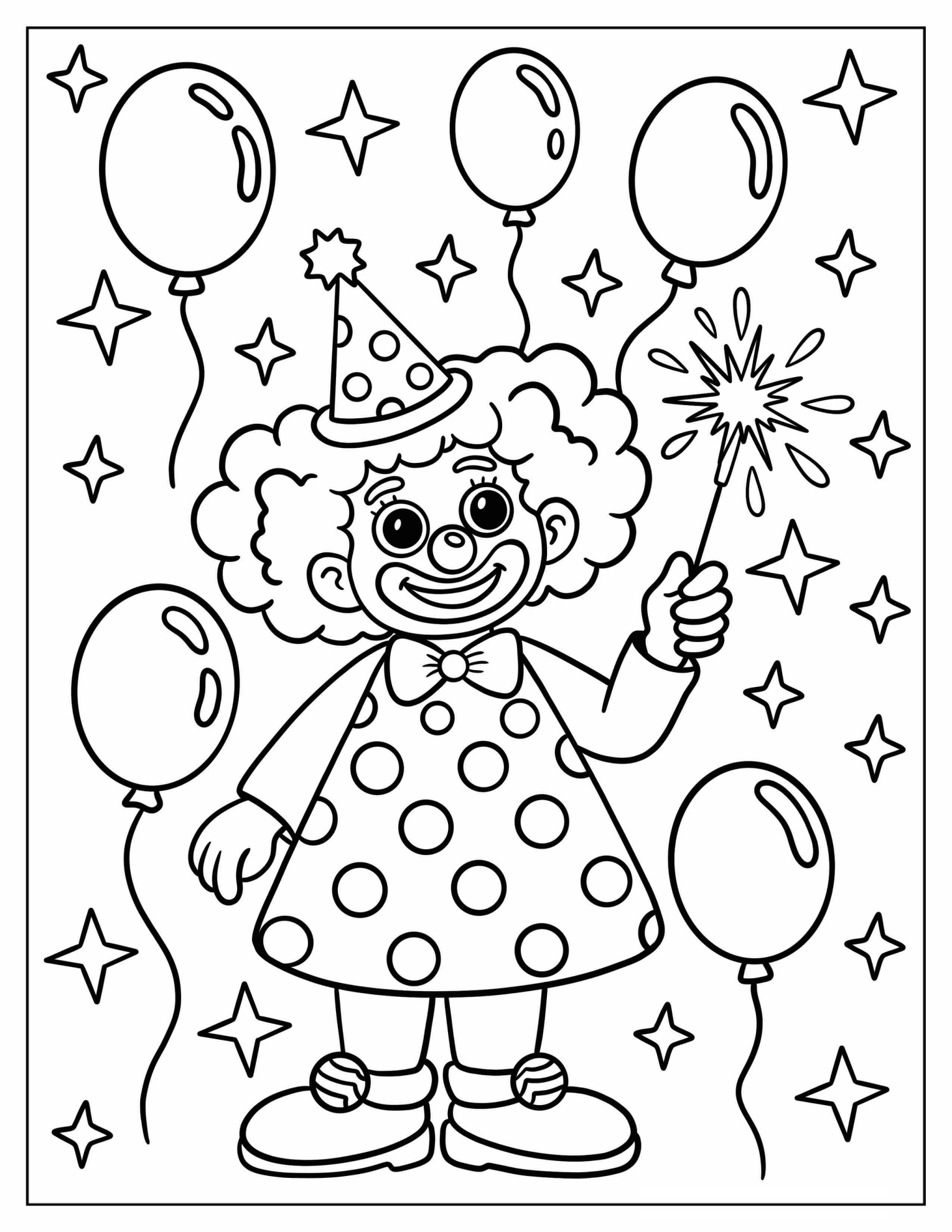 Smiling Clown Holding Up A Sparkler Surrounded By Balloons Coloring Page