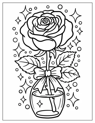 Sparkling Rose with Pretty Bow in a Jar Vase Coloring Page for Kids