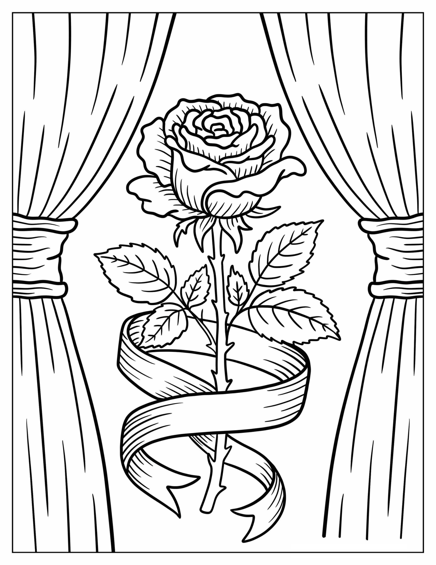 Rose with Leaves Loosely Wrapped in a Ribbon Coloring Page