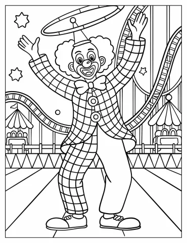 Energetic Clown In Striped Costume Standing In An Amusement Park