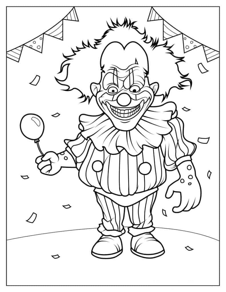 Scary Clown with Small Balloon Coloring Sheet
