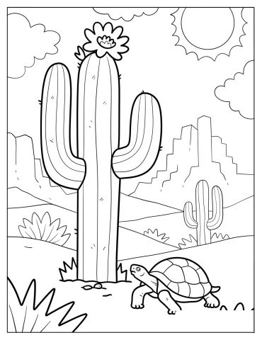 Sunny Desert Day with Cactus and Turtle Coloring Page