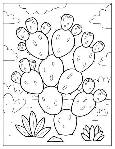 Prickly Pear Cactus in the Desert Sun Coloring Page