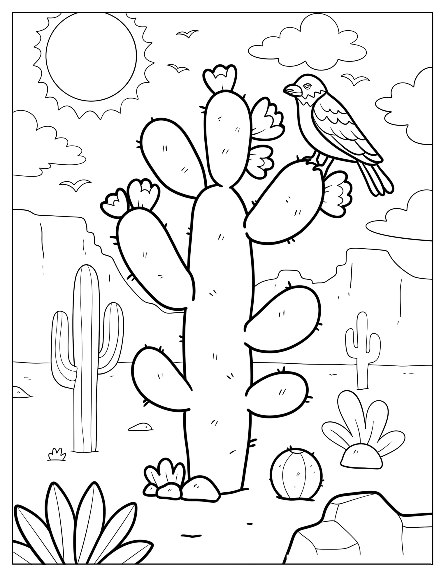 Desert Bird Resting on a Flowering Cactus Coloring Sheet