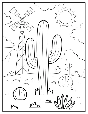 Majestic Saguaro Cactus Standing in a Desert Field With Windmill Coloring Sheet