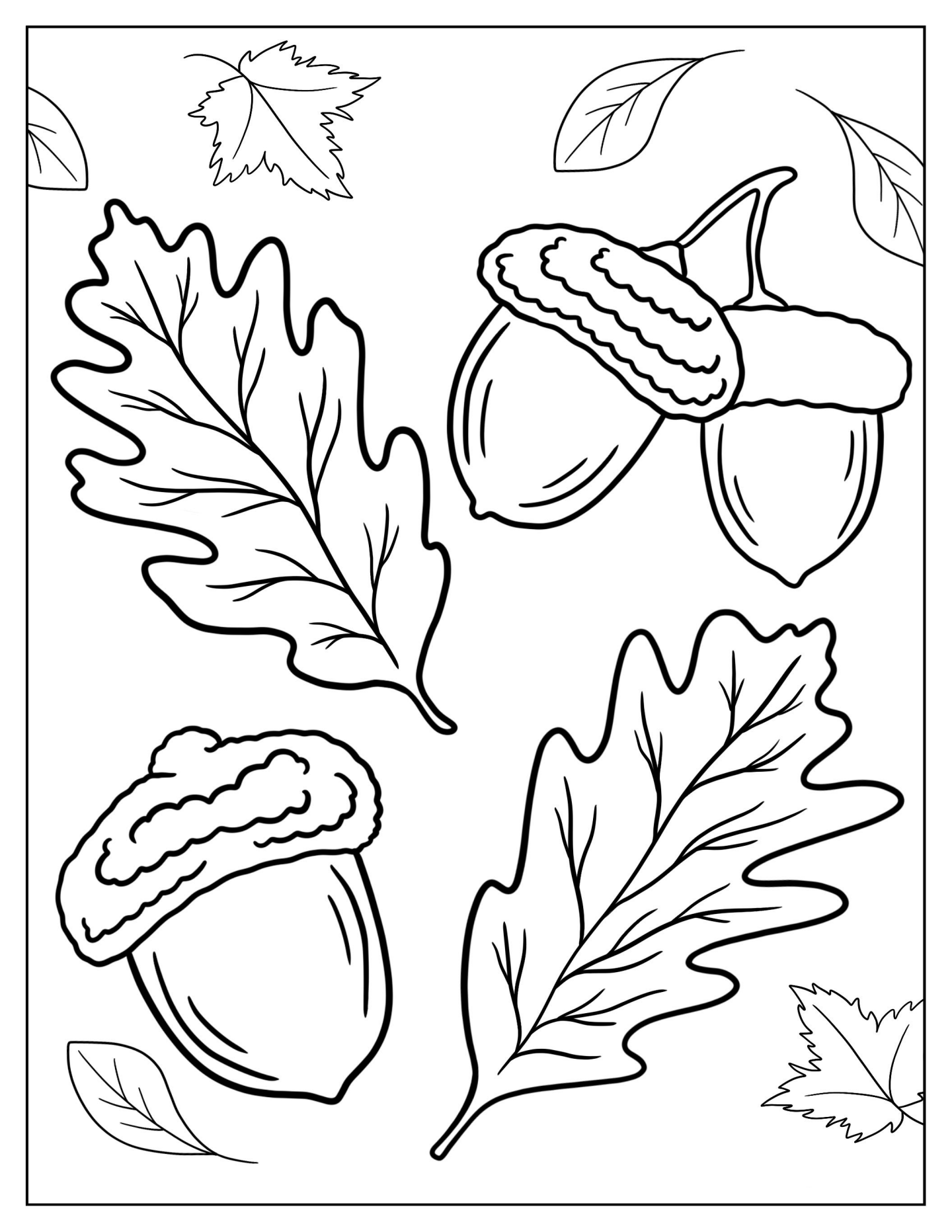 Easy To Color Oak Leaves With Acorns