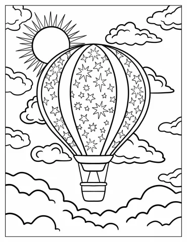 Star Patterned Hot Air Balloon In The Sky With Sun Coloring Page For Adults