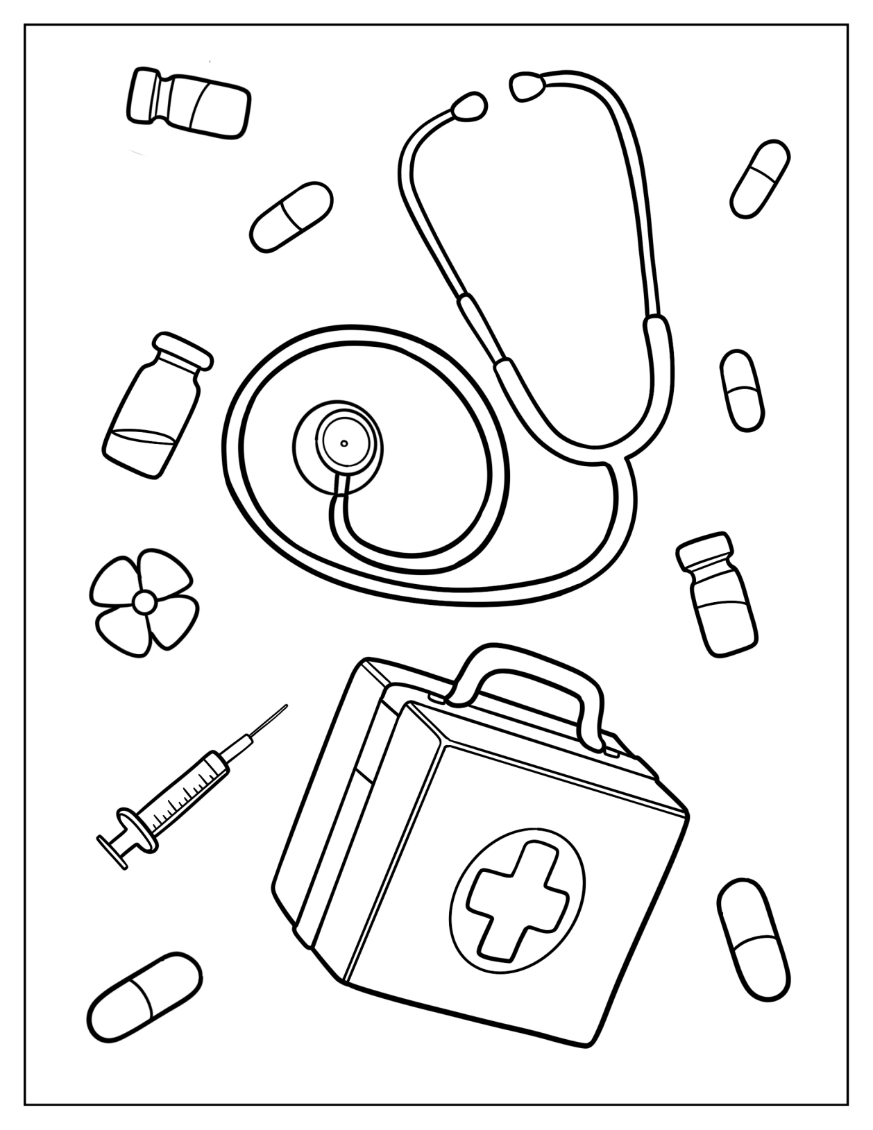 Stethoscope, First Aid Kit, And A Syringe Coloring Sheet