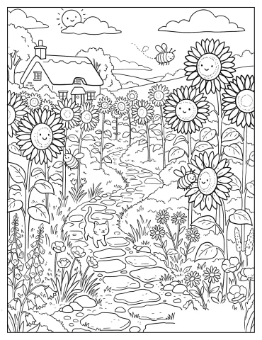 Sunflower Garden with Cat, Cottage, and Stone Path Coloring Page