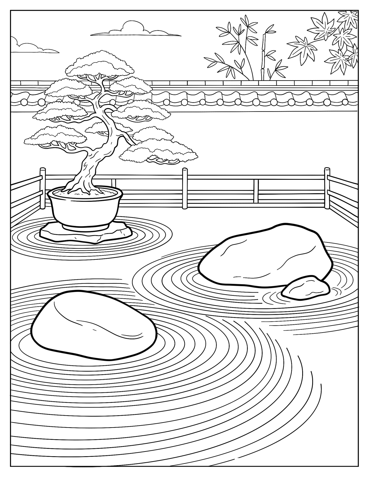 Japanese Zen Garden with Bonsai Tree, Rocks, and Raked Gravel Coloring Page
