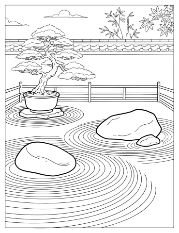 Japanese Zen Garden with Bonsai Tree, Rocks, and Raked Gravel Coloring Page