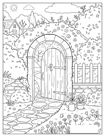 Gate with Stone Arch, Flower Path, and Cottage Garden Coloring Page