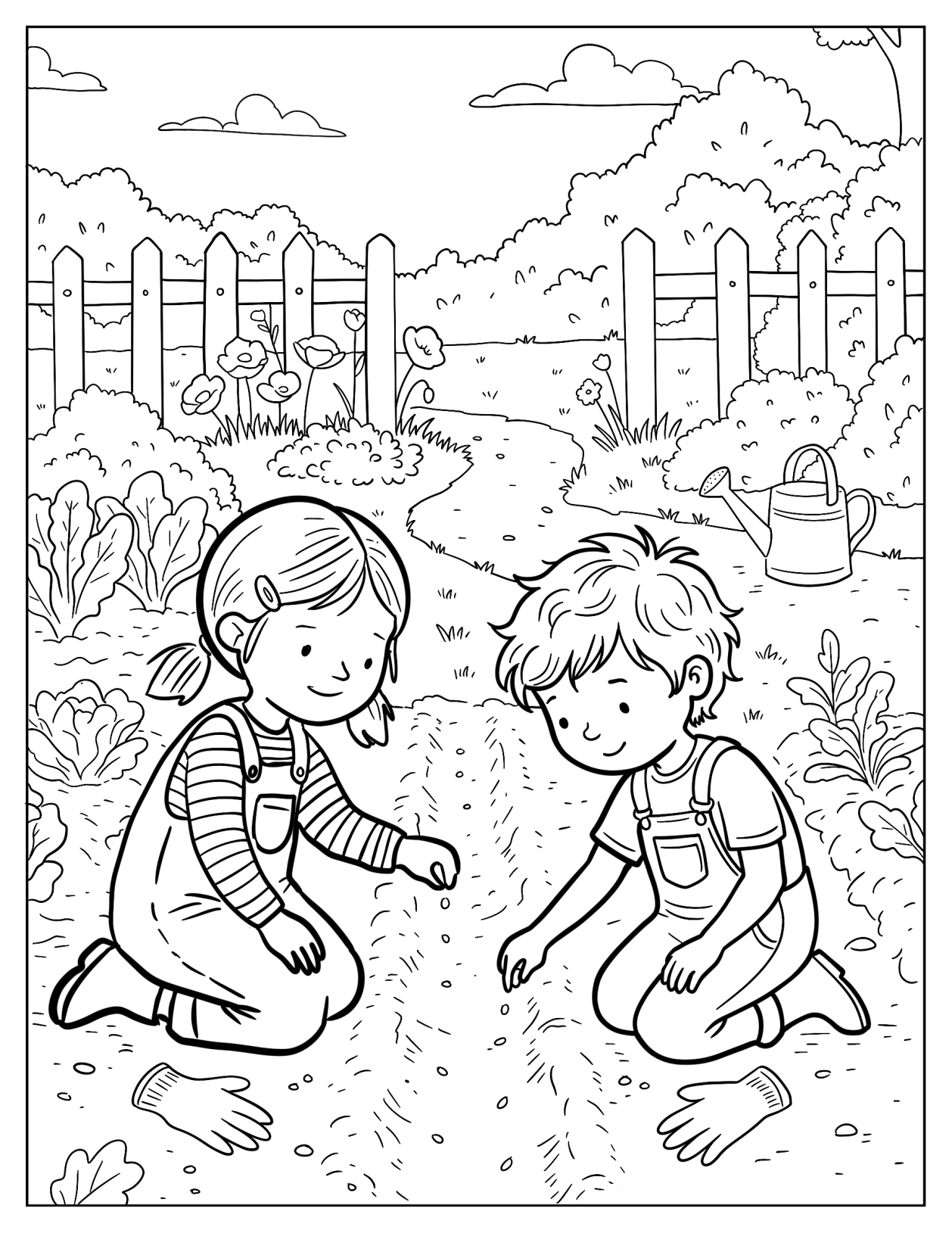 Children Planting Seeds Together in a Vegetable Garden Coloring Page