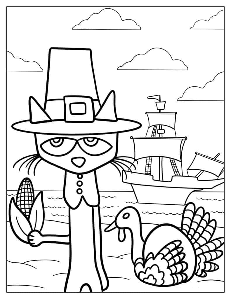 Thanksgiving Themed Pete The Cat Coloring Page