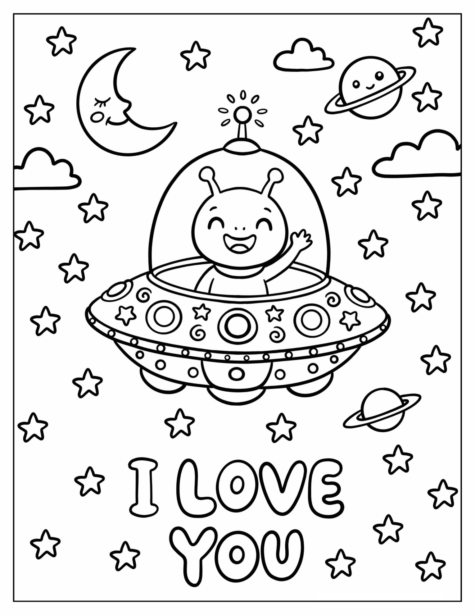I Love You Alien Flying a UFO Coloring Sheet
