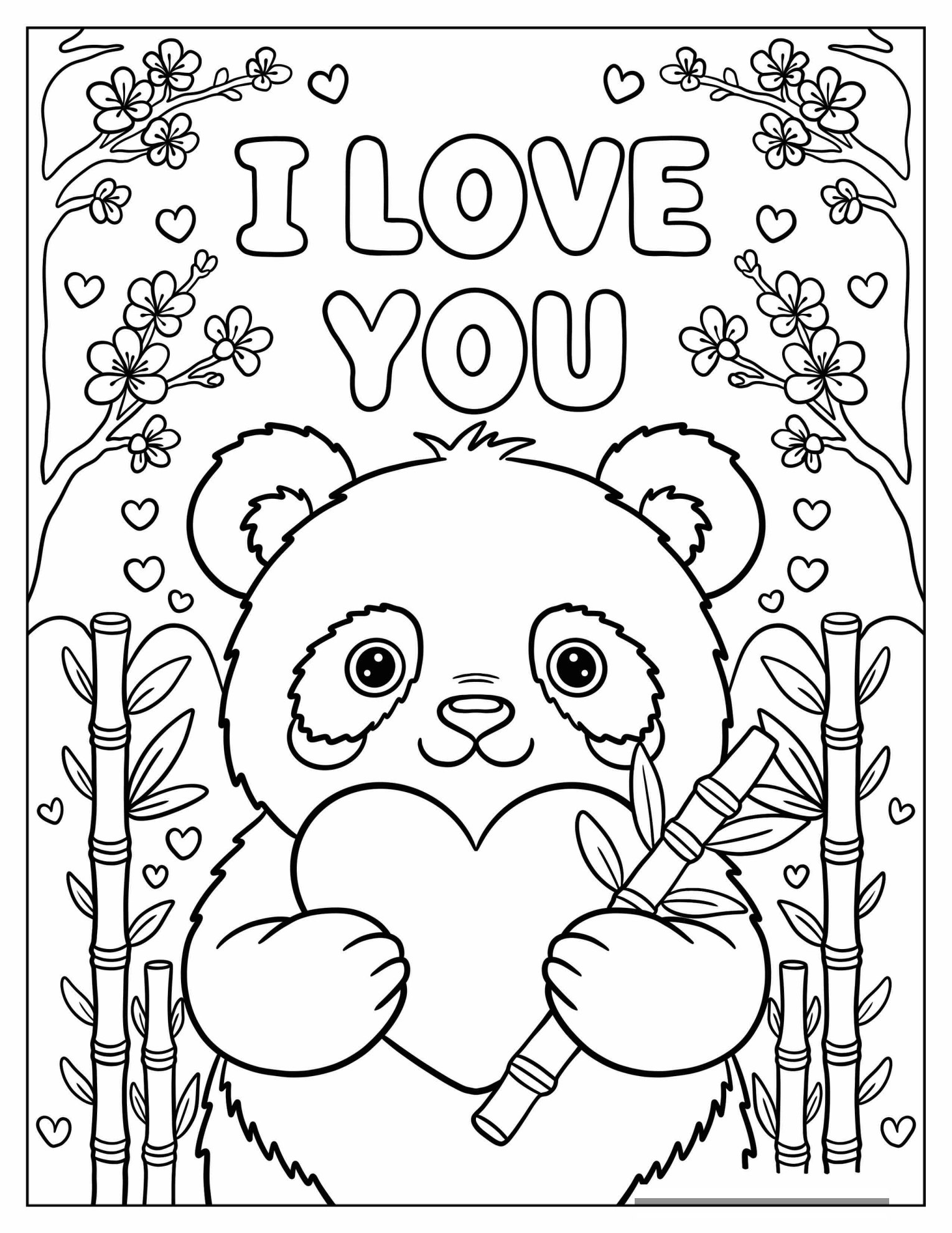 Valentine Panda with Cherry Blossoms and Bamboo I Love You