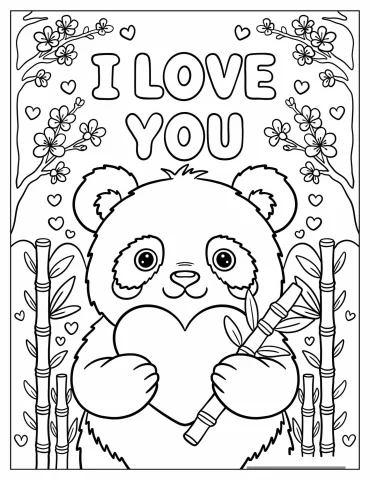 Valentine Panda with Cherry Blossoms and Bamboo I Love You
