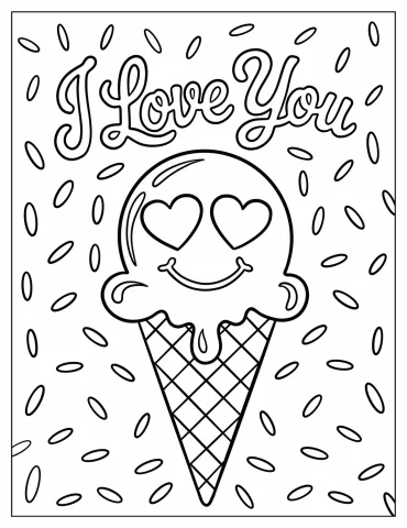 Melting Ice Cream Cone Saying I Love You with Fun Sprinkle Background Coloring Sheet