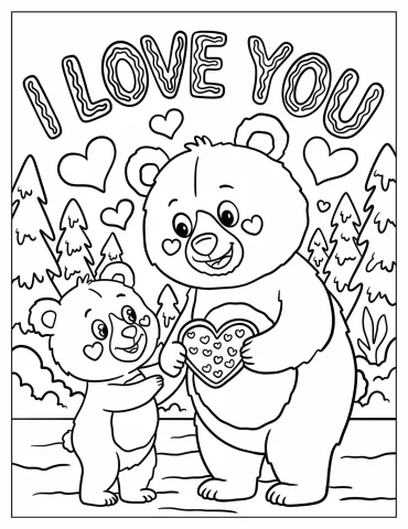 I Love You Bear Family Sharing a Heart Cookie Coloring Page For Kids