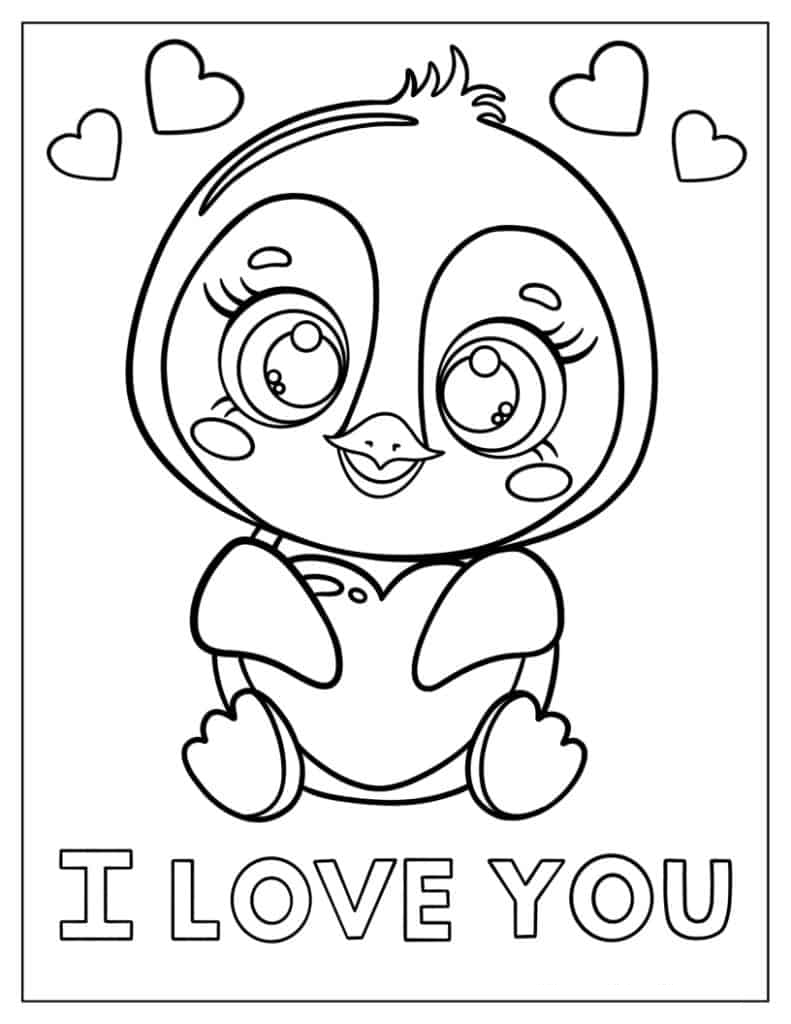 Cute I Love You Penguin To Color
