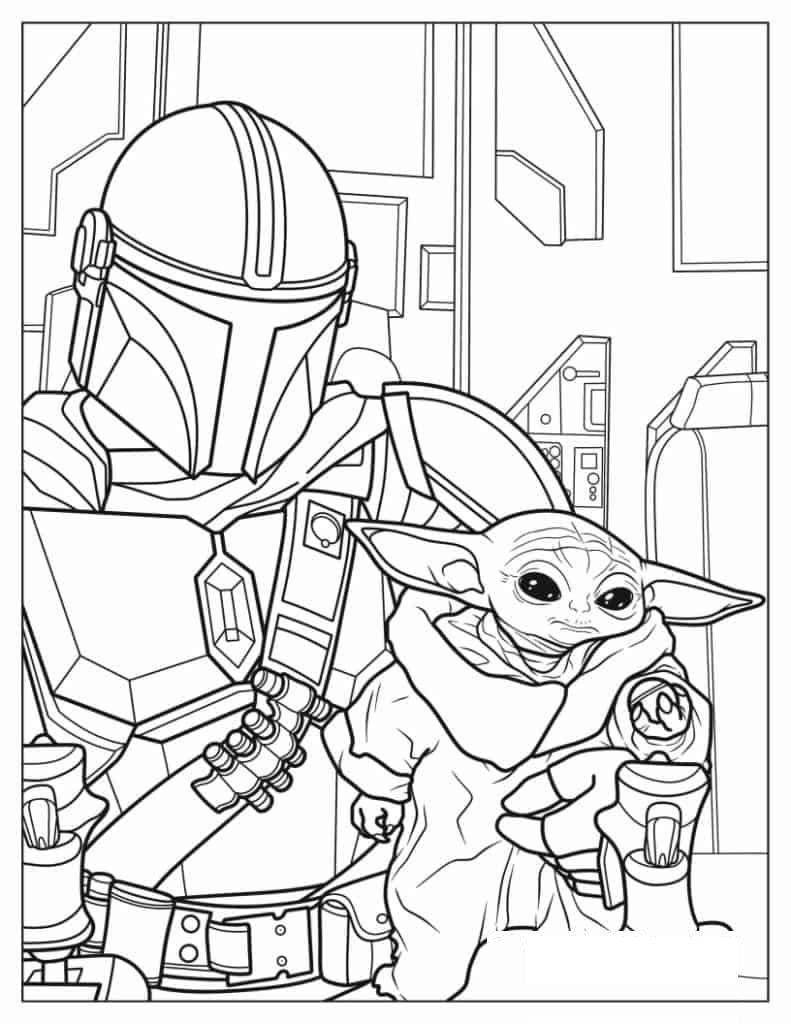 Detailed Coloring Sheet Of Din Djarin And Baby Yoda