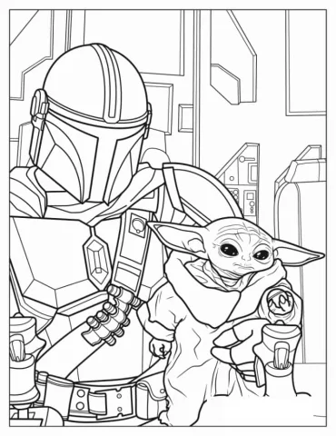Detailed Coloring Sheet Of Din Djarin And Baby Yoda