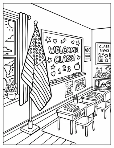 American Flag Displayed in a Classroom Coloring Page