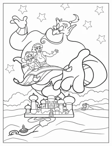 Jasmine And Aladdin Flying On Magic Carpet With Genie